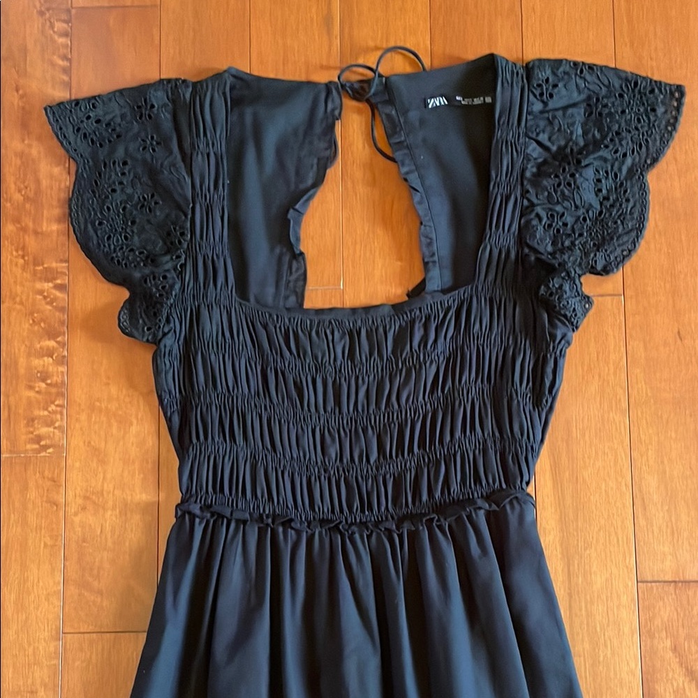 Zara Black Smocked Midi Dress with Eyelet Flutter Sleeves